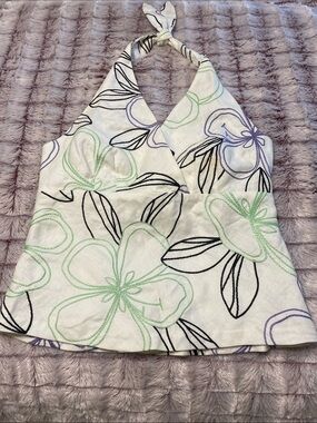 LOFT White Halter Camisole with Green, Black & Purple Floral Print